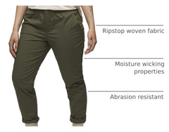 prAna women's double peak all-around pant cargo green in-use displays rugged, versatile apparel for hiking
