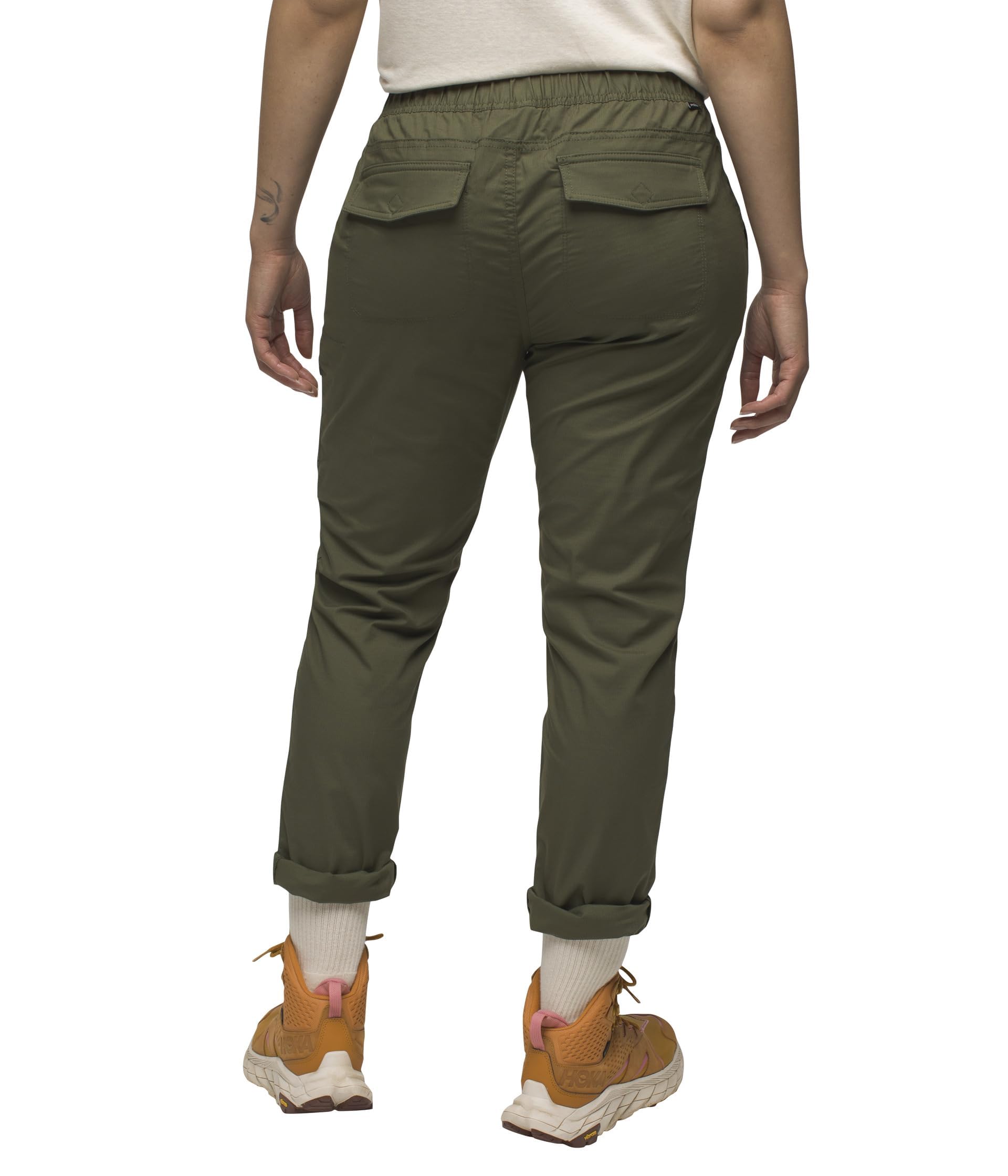 prAna women's double peak all-around pant cargo green pocket detail highlights front, thigh, and back storage