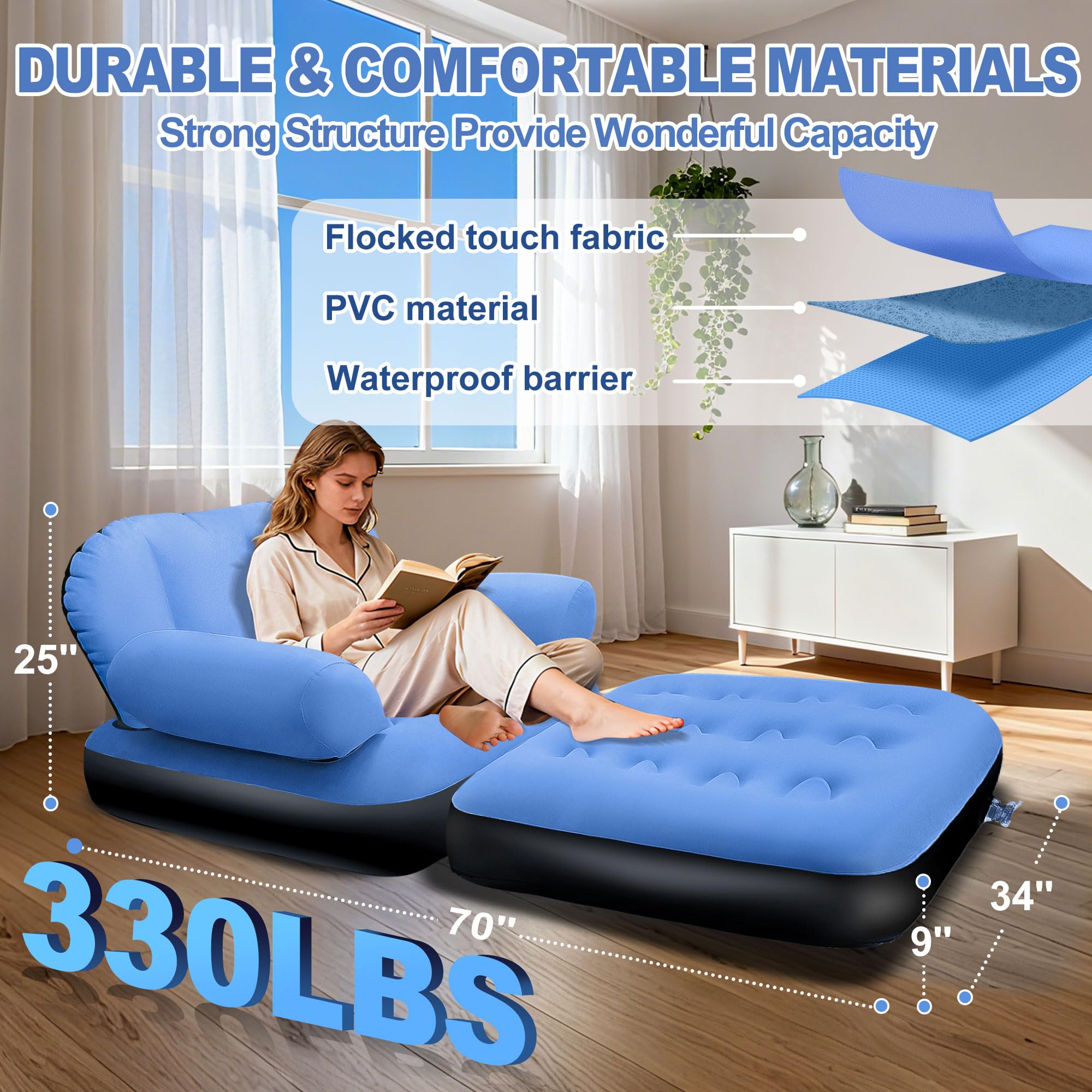 PRAXXIS inflatable couch flocked surface delivers soft, cozy texture for movie nights.