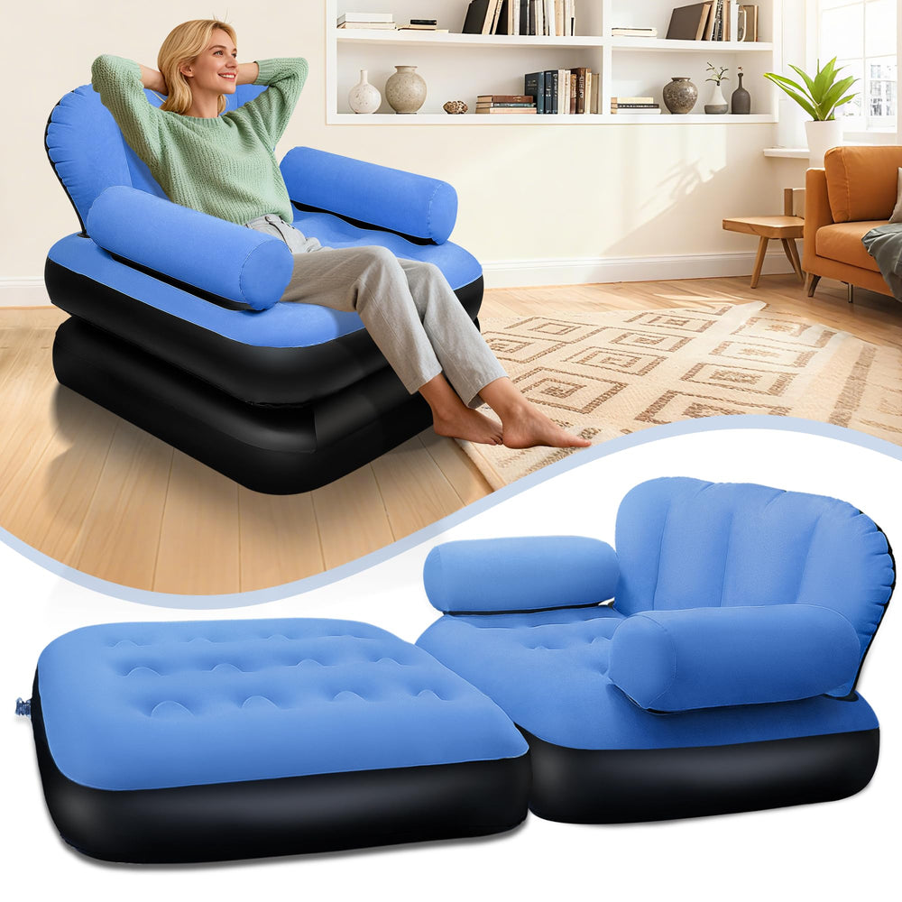 PRAXXIS inflatable couch headboard provides stable neck support for lounging.