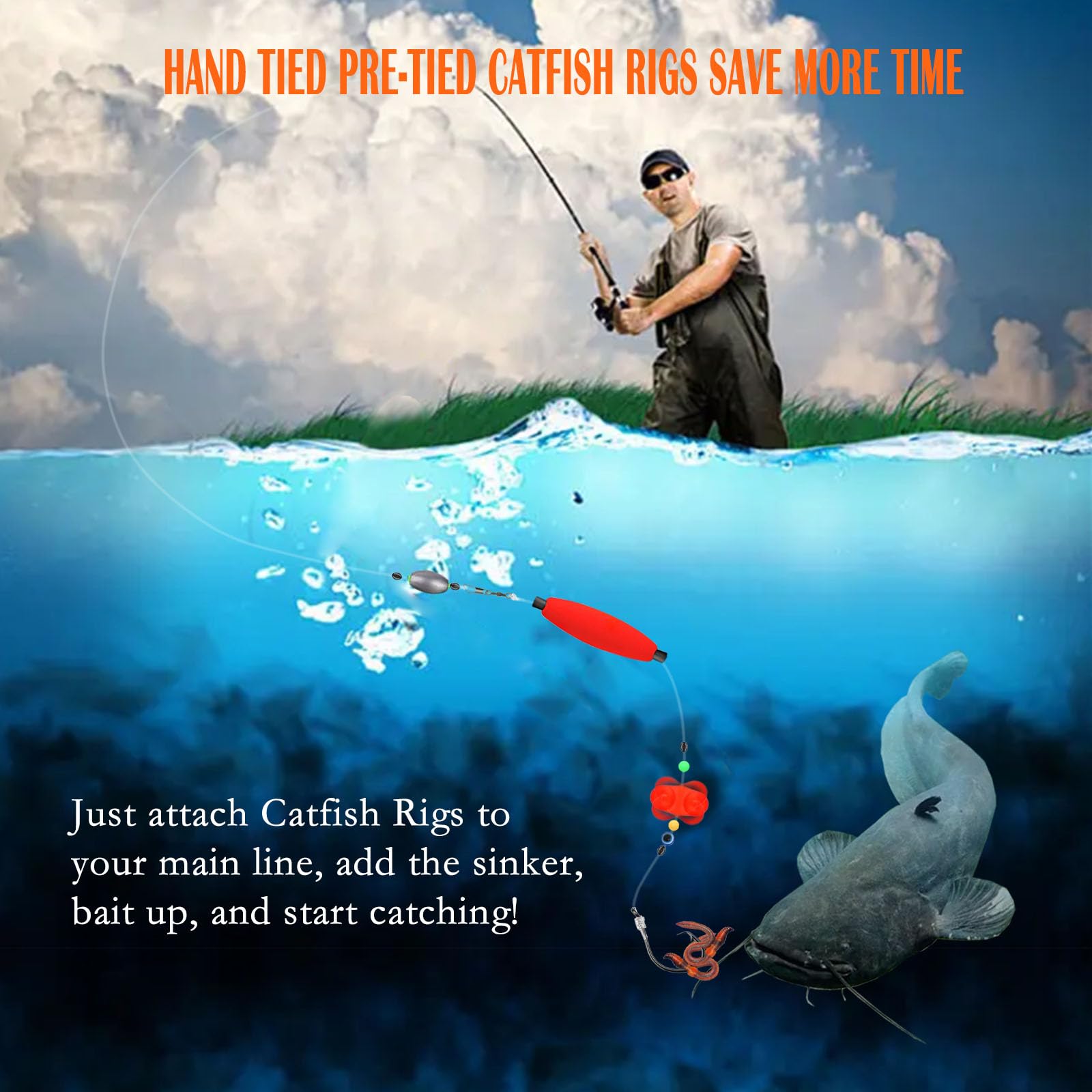 Pre-tied catfish rigs showing Snell knot