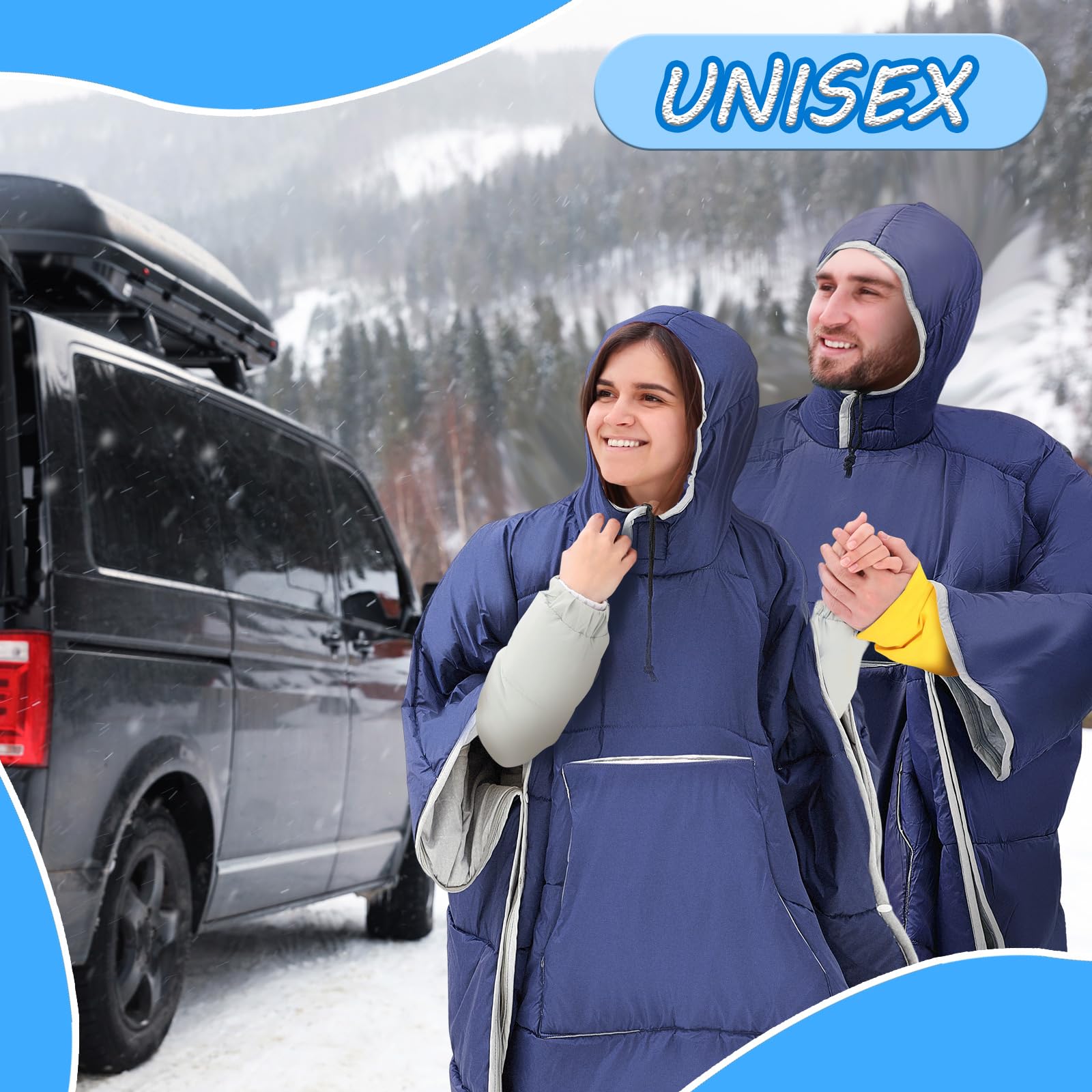 Preboun poncho camping scene demonstrates versatile shelter and warmth.