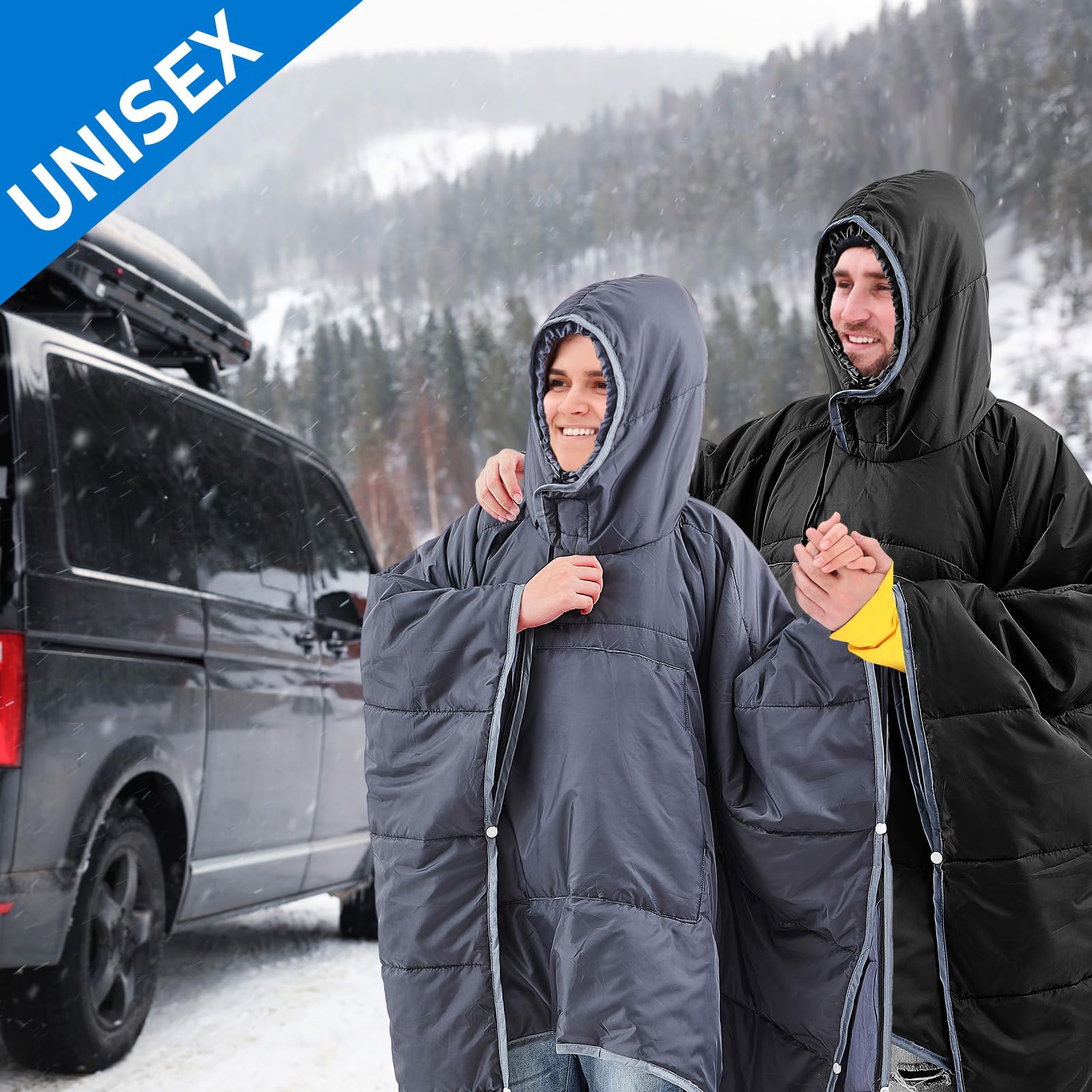Preboun poncho multi-use setup featuring cloak, pillow, and camping versatility.