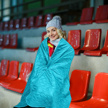 Preboun stadium blanket shows large 78x55 inch size for comfortable seating.