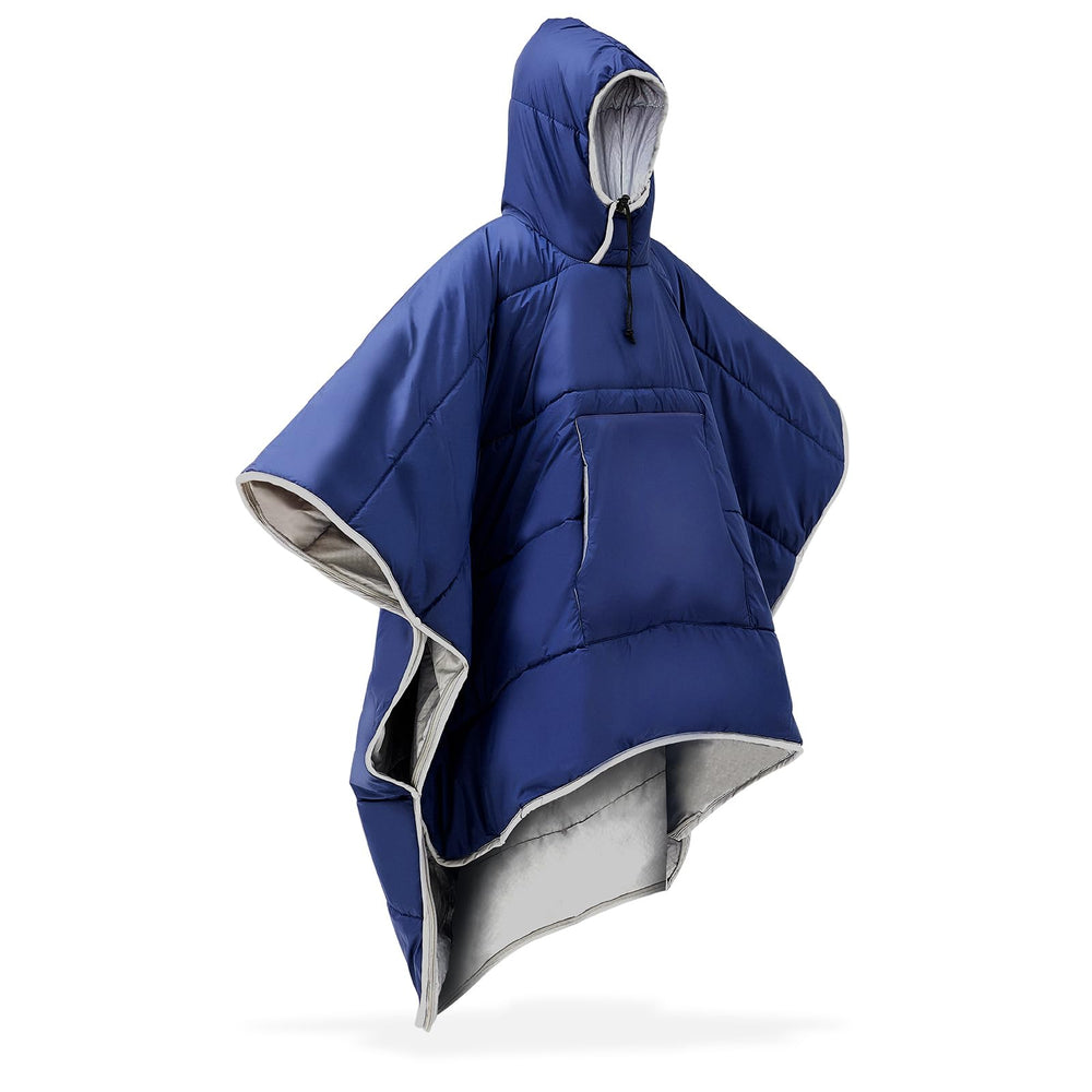 Preboun thermal poncho navy folded for compact travel warmth on the go.