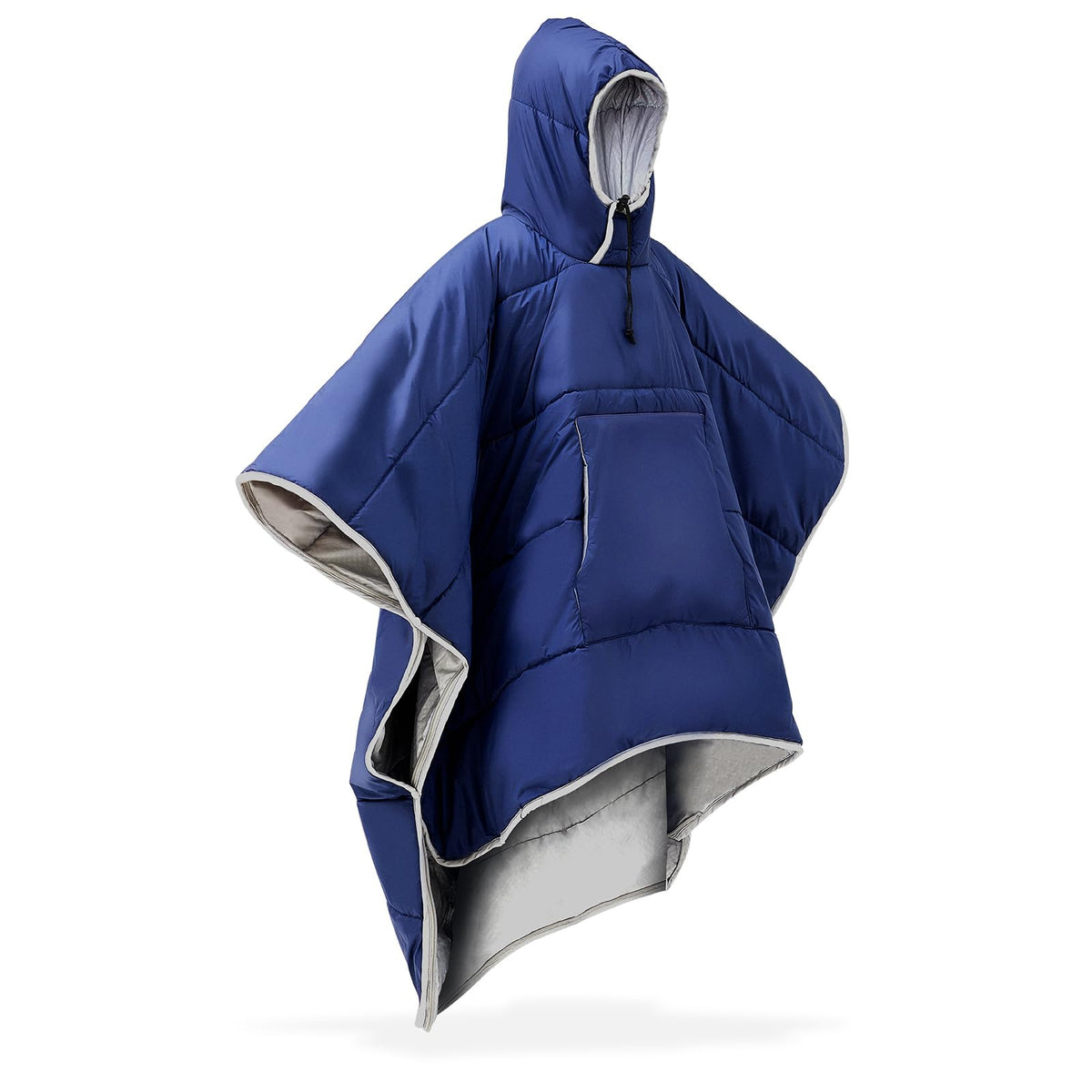 Preboun thermal poncho navy folded for compact travel warmth on the go.