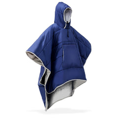Preboun thermal poncho navy folded for compact travel warmth on the go.