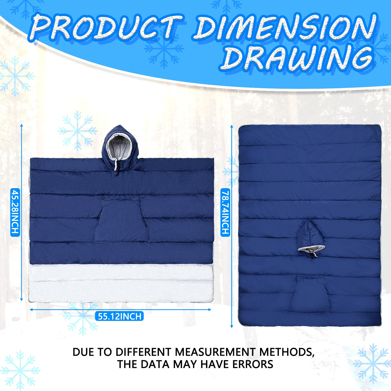 Preboun thermal poncho navy worn for cozy outdoor warmth in chilly weather.