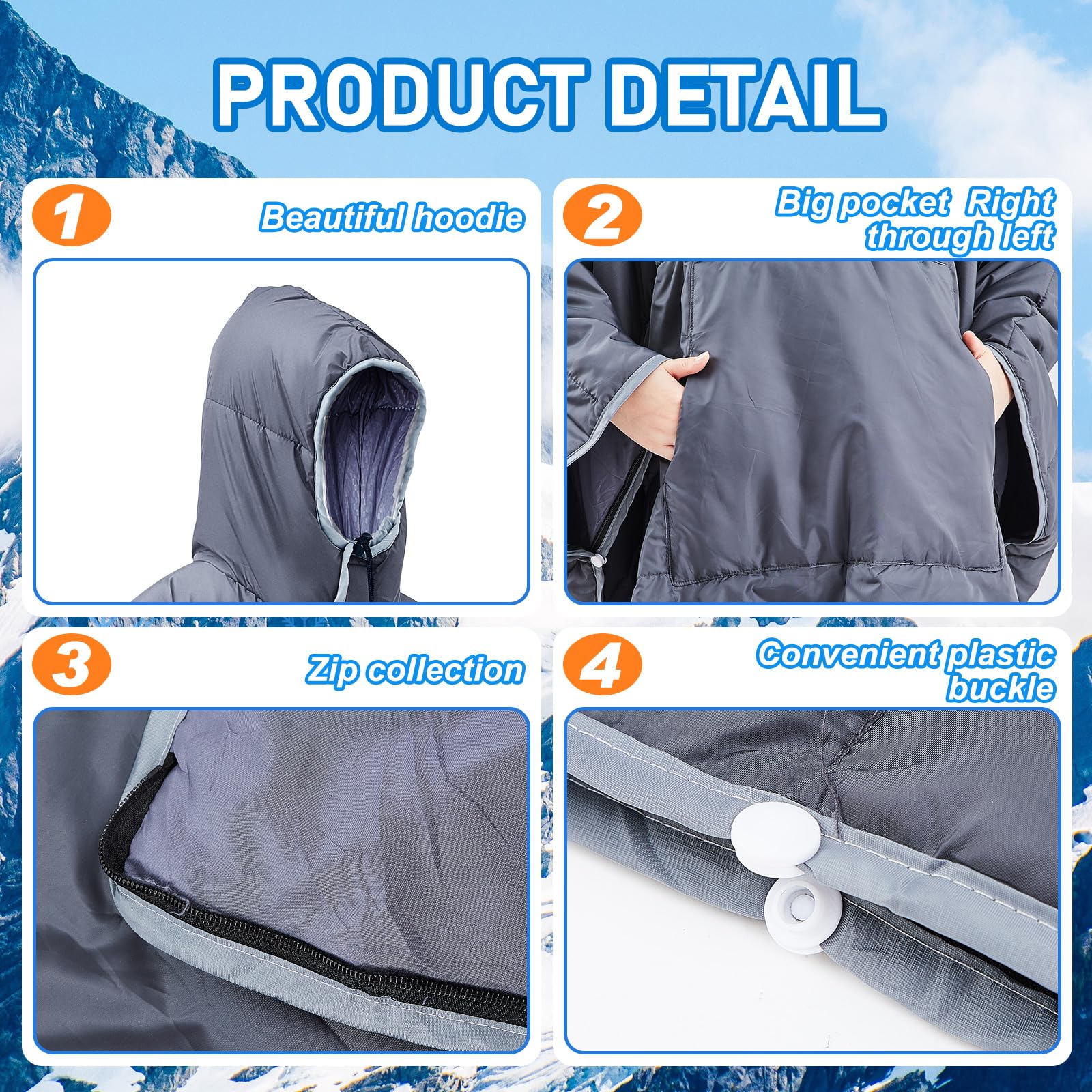 Preboun thermal poncho showing pocket warmth and storage use.