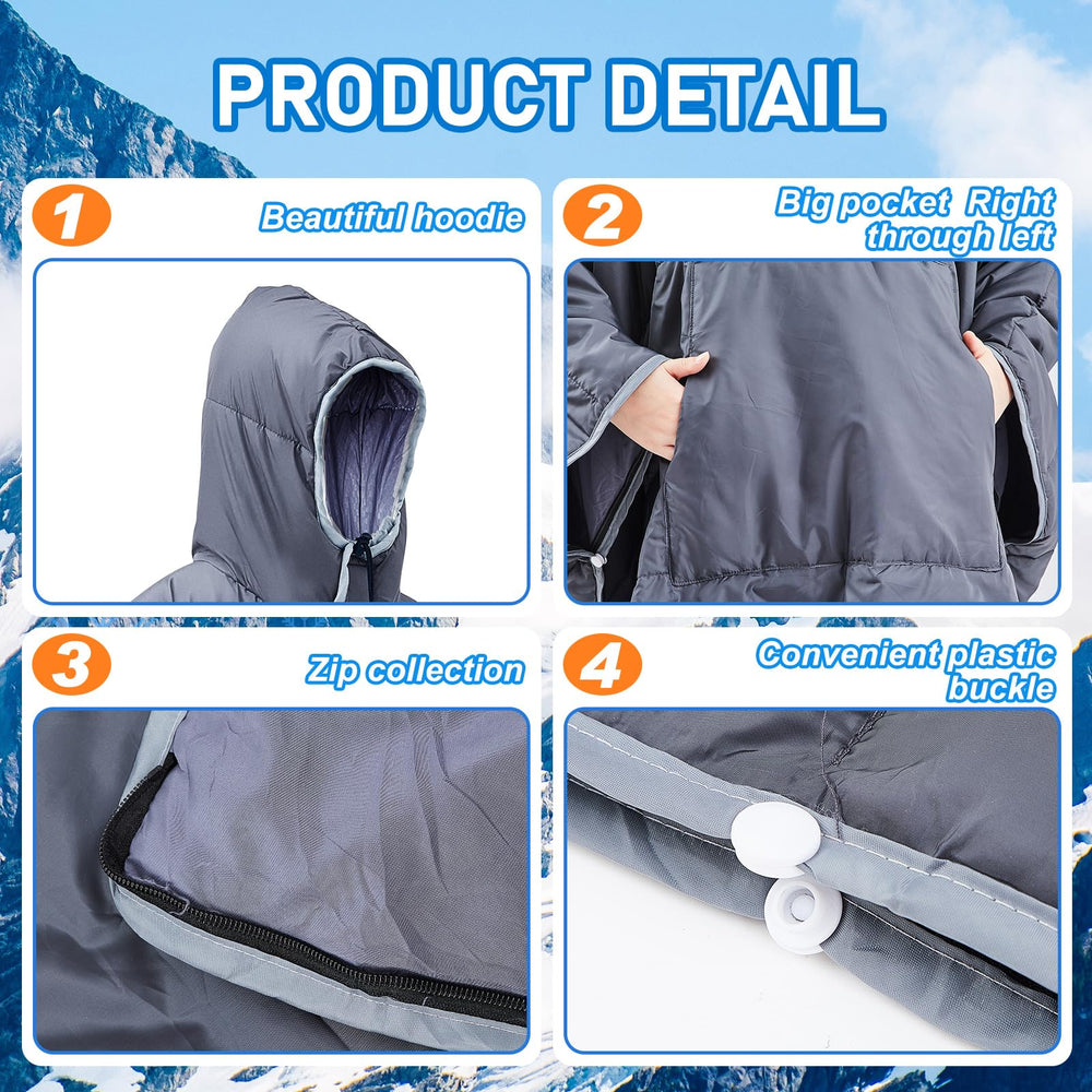 Preboun thermal poncho showing pocket warmth and storage use.