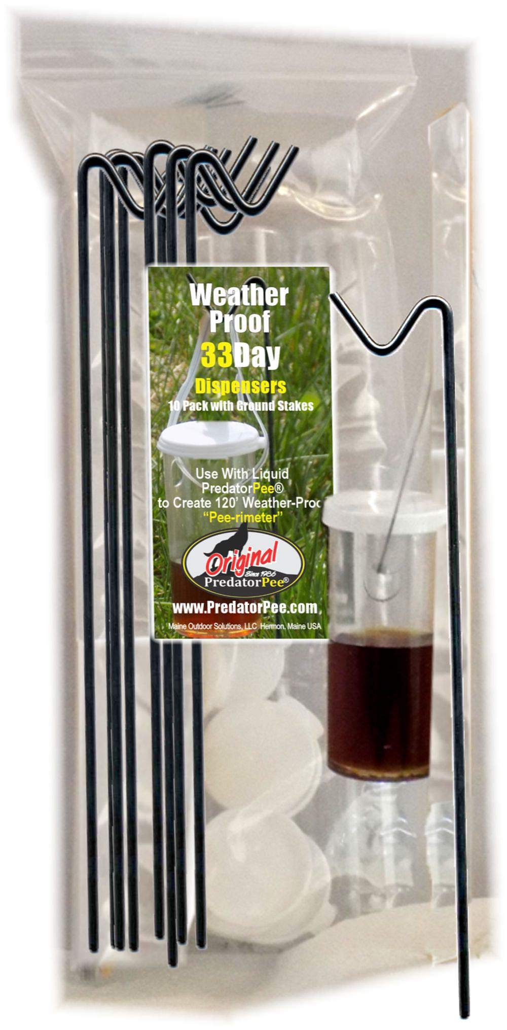 PredatorPee 33 Day Dispensers on a ground stake for outdoor deployment.