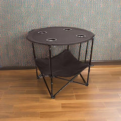 Preferred Nation 2-Tier Folding Camping Table with mesh cup holders keeps beverages organized.