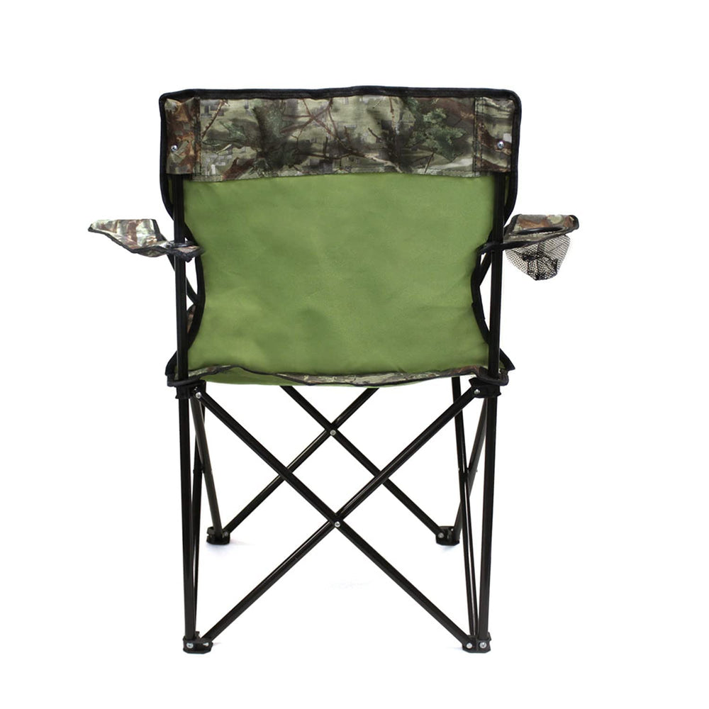 Preferred Nation camo chair cup-holder detail showing convenient beverage access.
