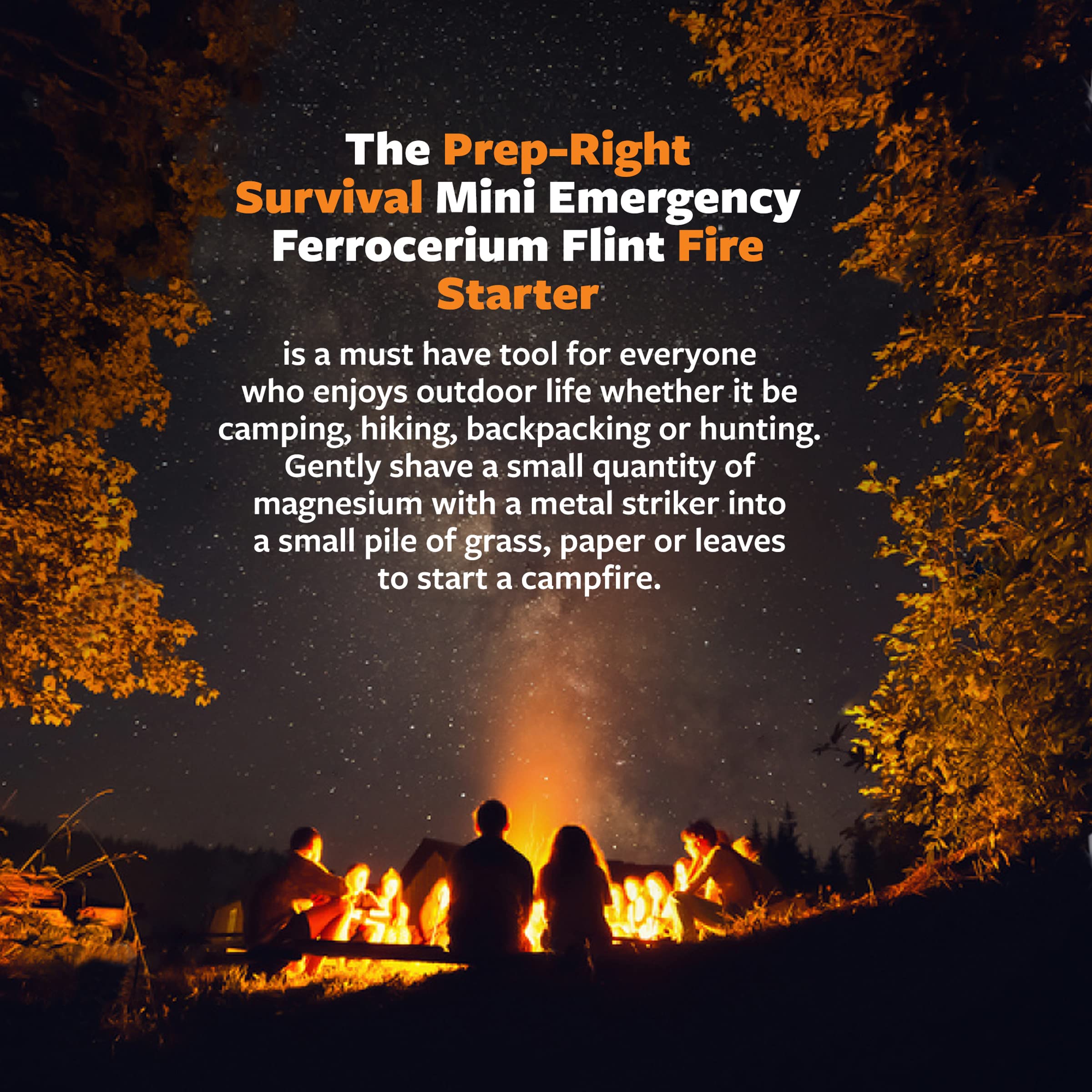 PREP-RIGHT backpack-camping scene shows portable fire-starting on trail.