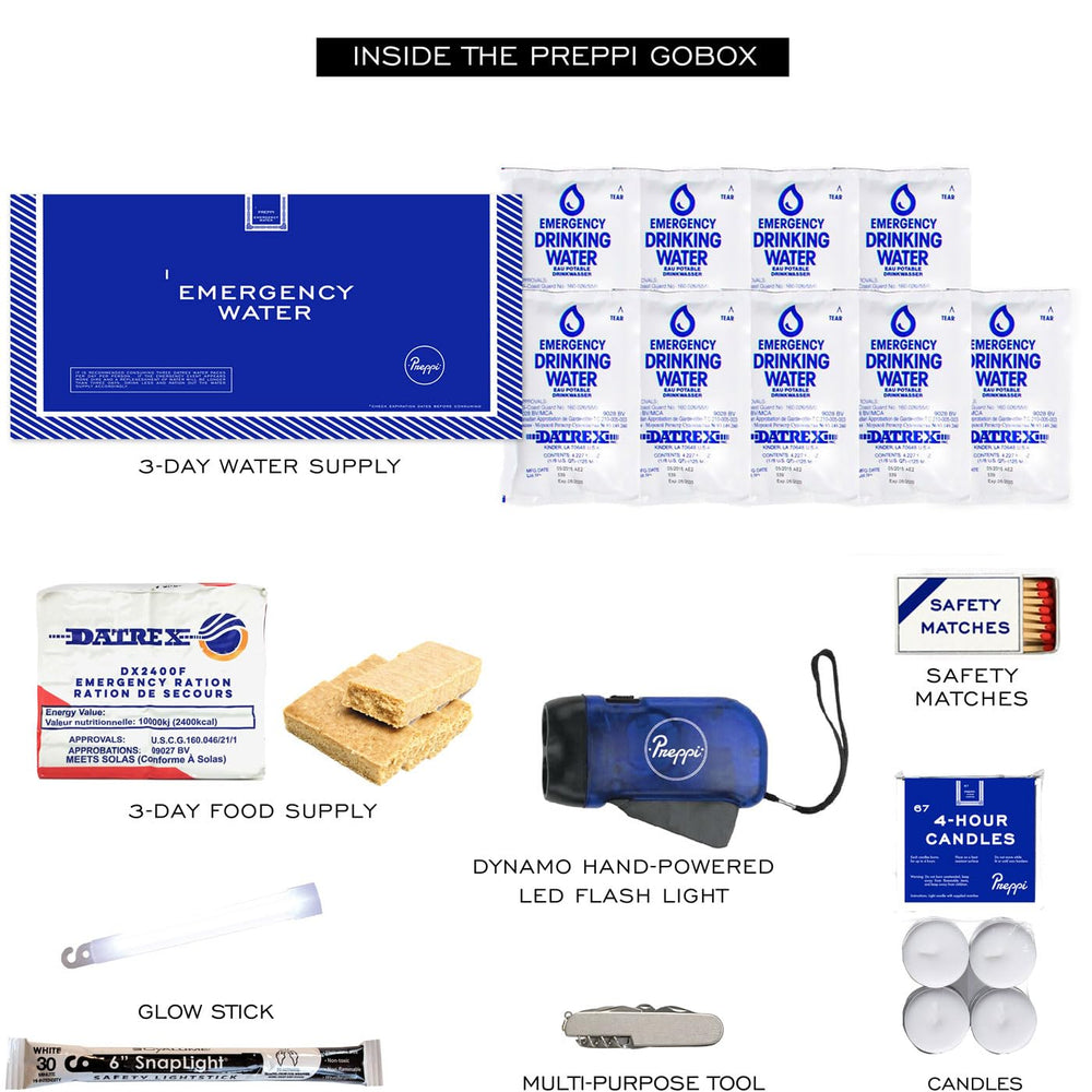 Preppi GoBox Swiss multi-tool and whistle for quick fixes and signaling.