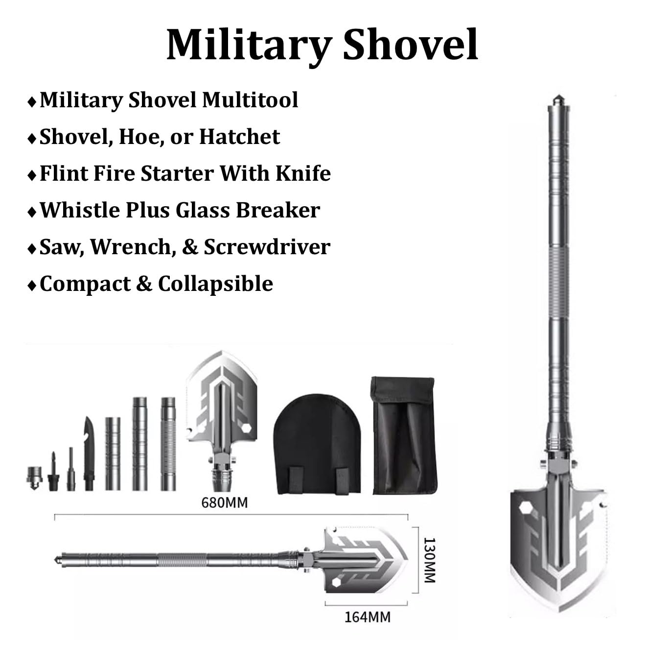 PREPSENTIAL Go Bag Folding Shovel 680mm extended demonstrates multi-use survival tool for digging and shelter tasks.