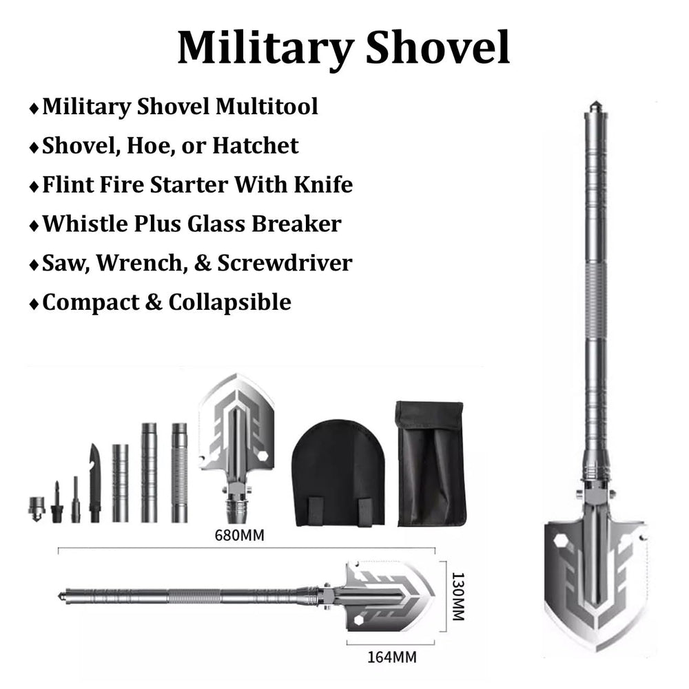 PREPSENTIAL Go Bag Folding Shovel 680mm extended demonstrates multi-use survival tool for digging and shelter tasks.