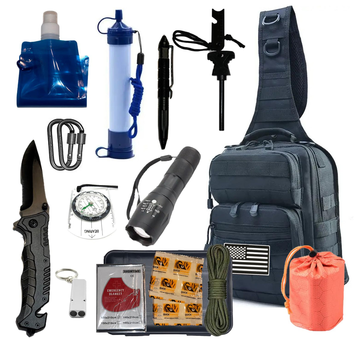 PREPSENTIAL Go Bag front view, compact emergency kit ready for grab-and-go use.