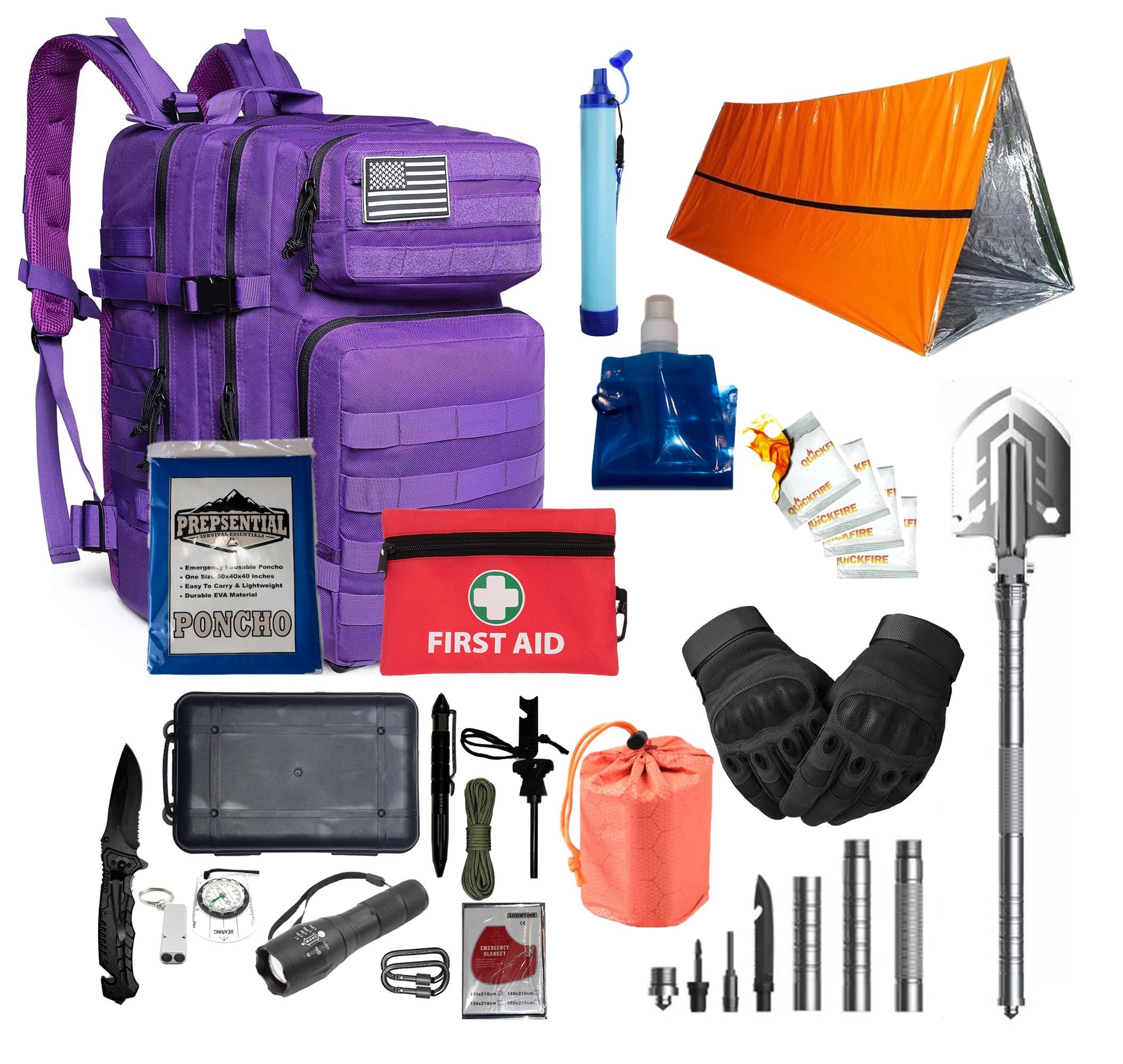 PREPSENTIAL Go Bag Purple Backpack shows a rugged 45L pack for versatile emergency readiness.