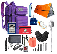 PREPSENTIAL Go Bag Purple Backpack shows a rugged 45L pack for versatile emergency readiness.
