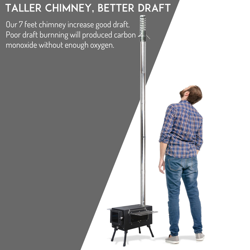 Preself hot tent stove firebox delivers robust burning area for efficient heat.