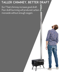 Preself hot tent stove firebox delivers robust burning area for efficient heat.