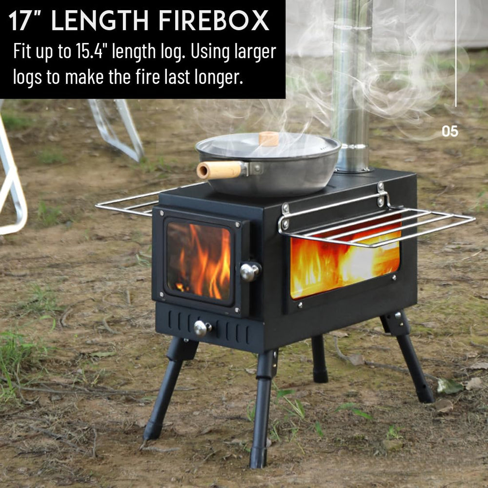 Preself hot tent stove large side window offers clear flame view for precise warmth.