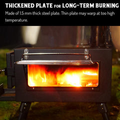 Preself hot tent stove seven-foot pipe creates strong draft for venting.