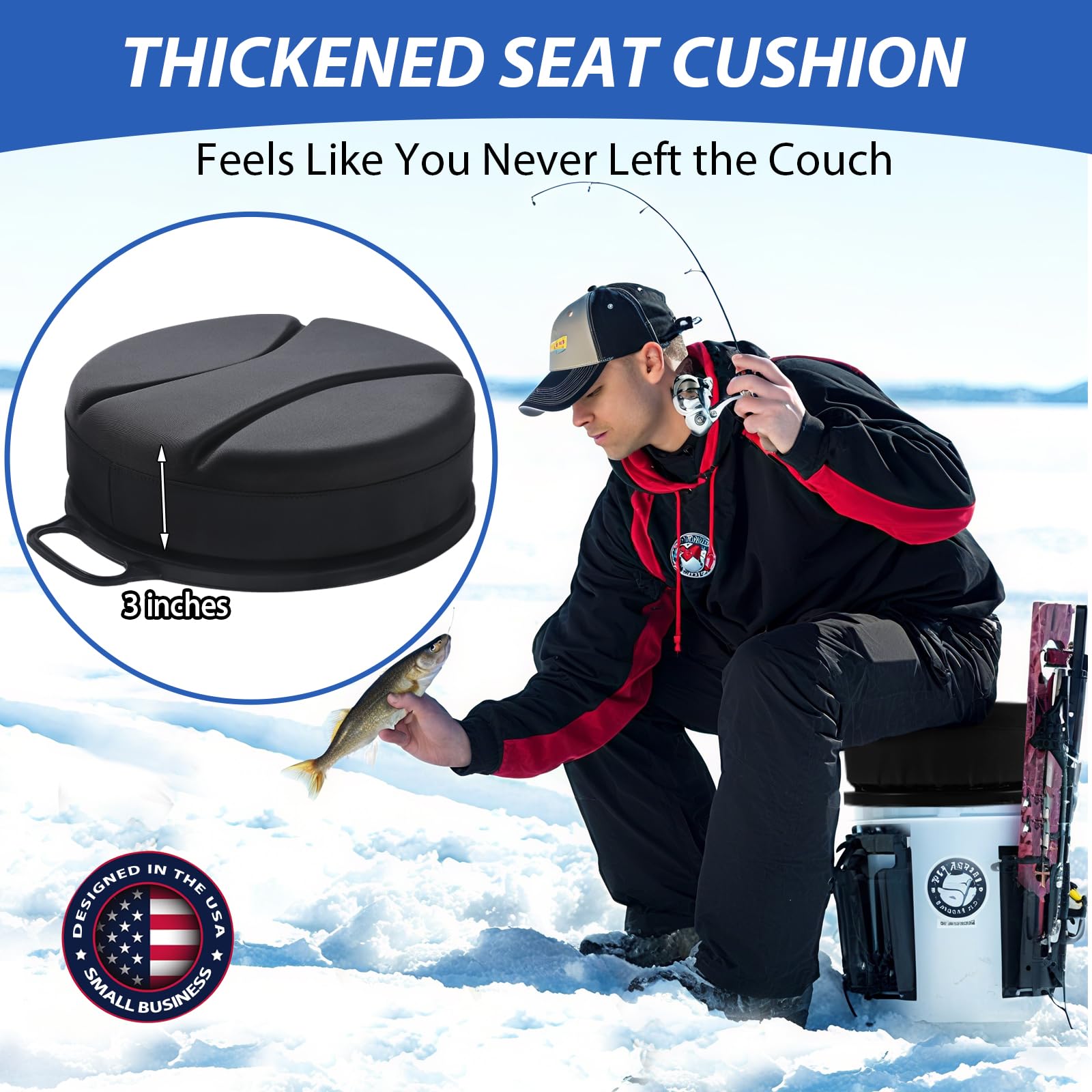 Presentastic waterproof seat cover on lid protects cushion during wet outdoor activities.