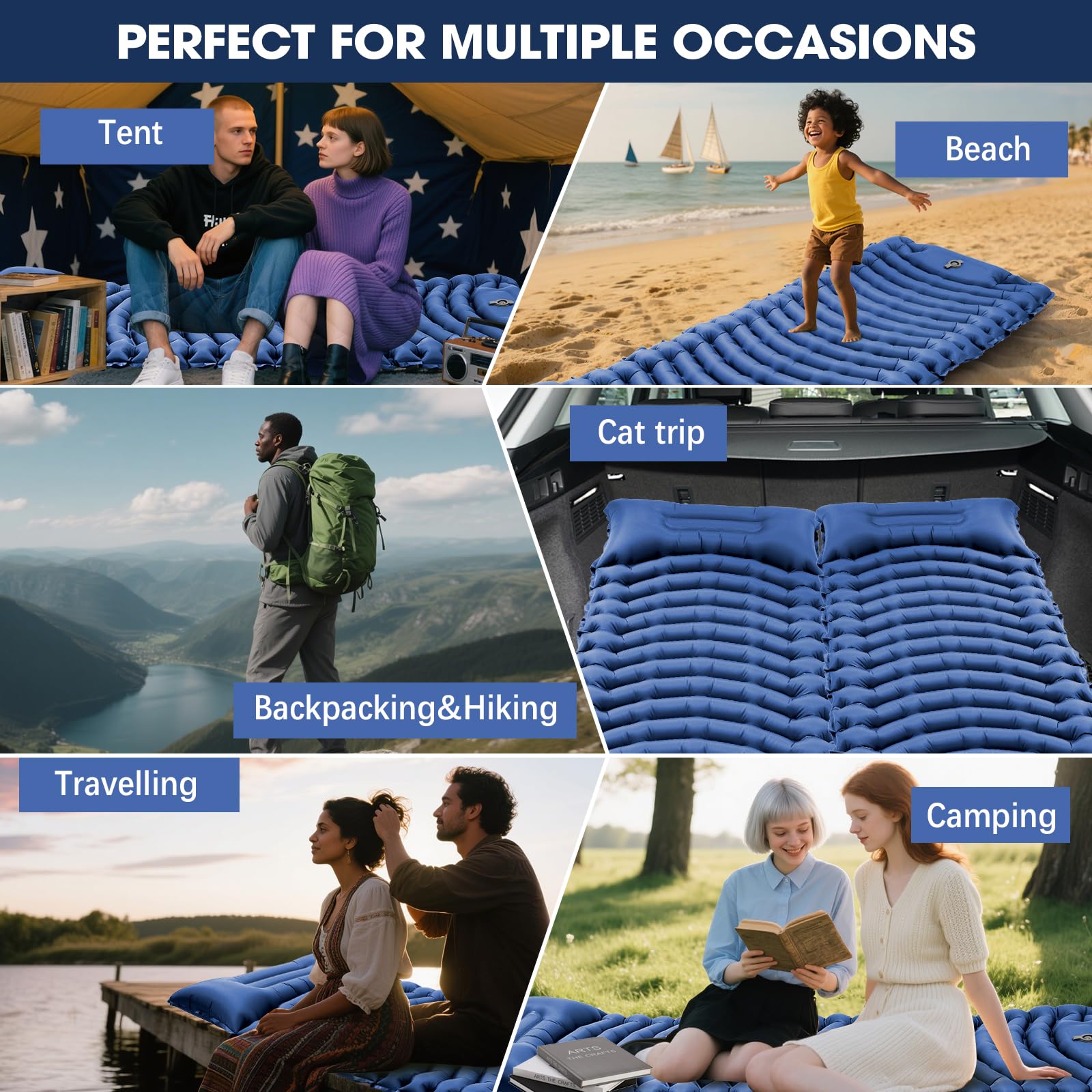 Pretyw sleeping pad use-cases cover camping, hiking, beach, and car trips