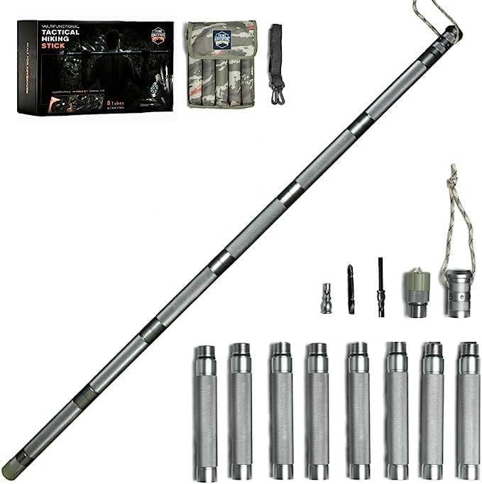Prime Adventure collapsible tactical staff adjusted for versatile height during hikes.
