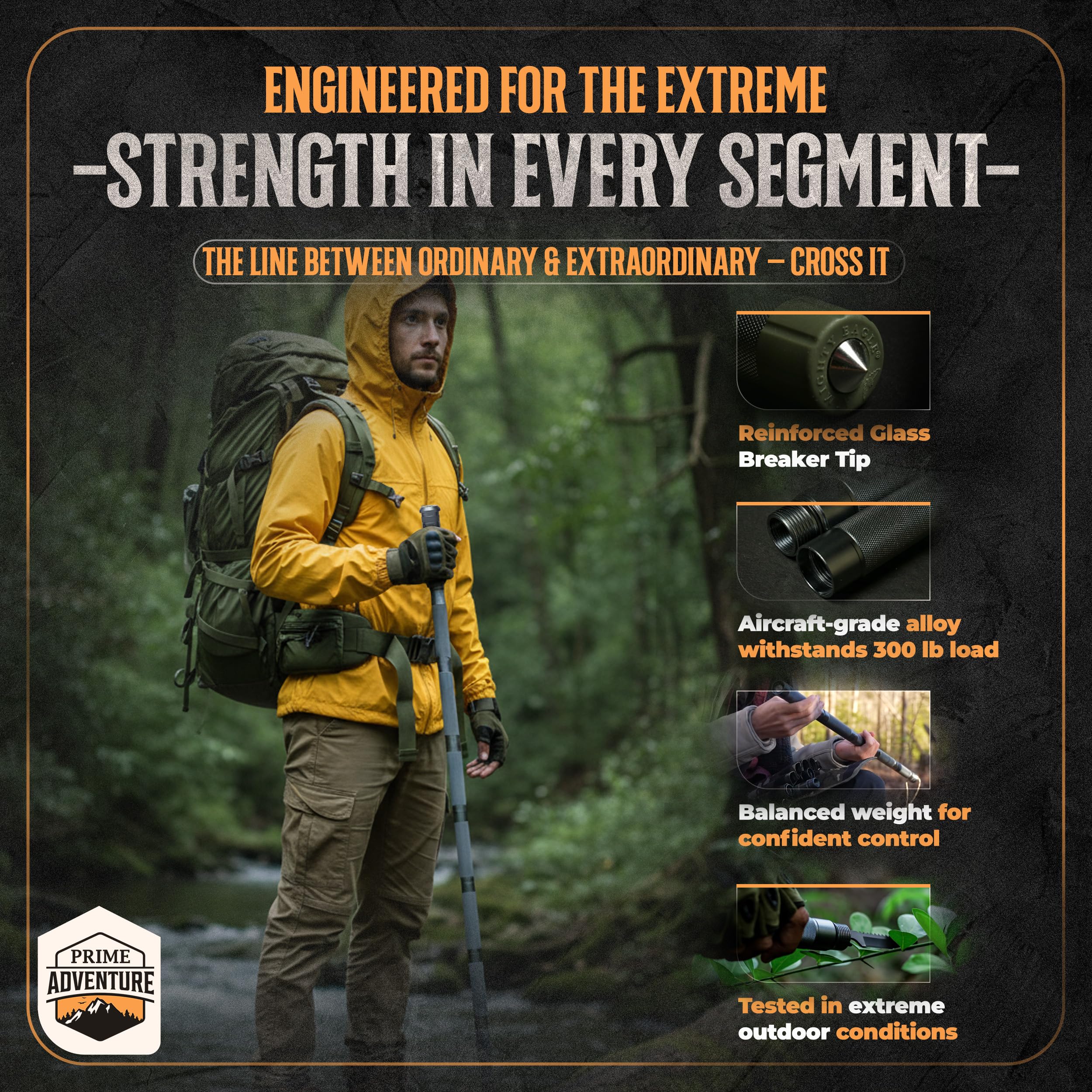 Prime Adventure collapsible tactical staff adjusted for versatile height during hikes.