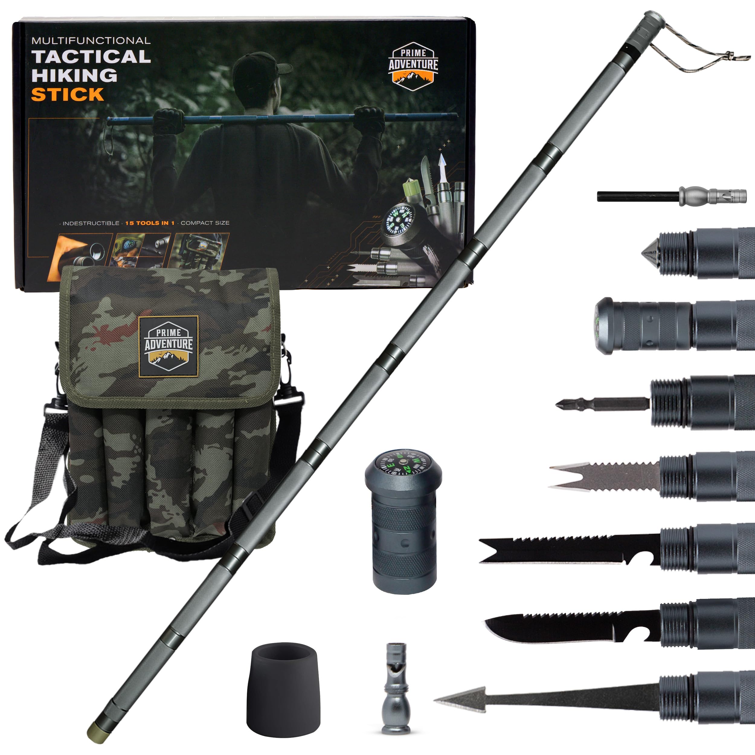 Prime Adventure fifteen-in-one survival staff extended for rugged trails and stability.