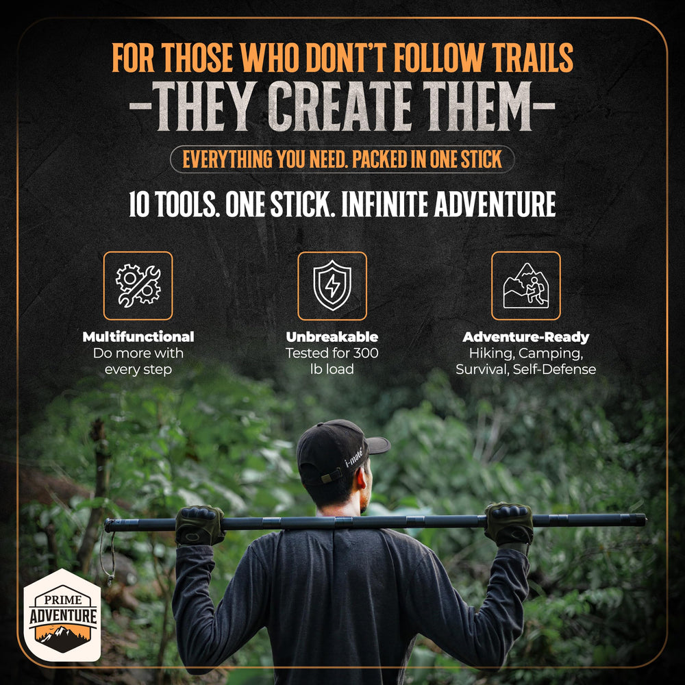 Prime Adventure heavy-duty aluminum staff demonstrating rugged durability on demanding trails.
