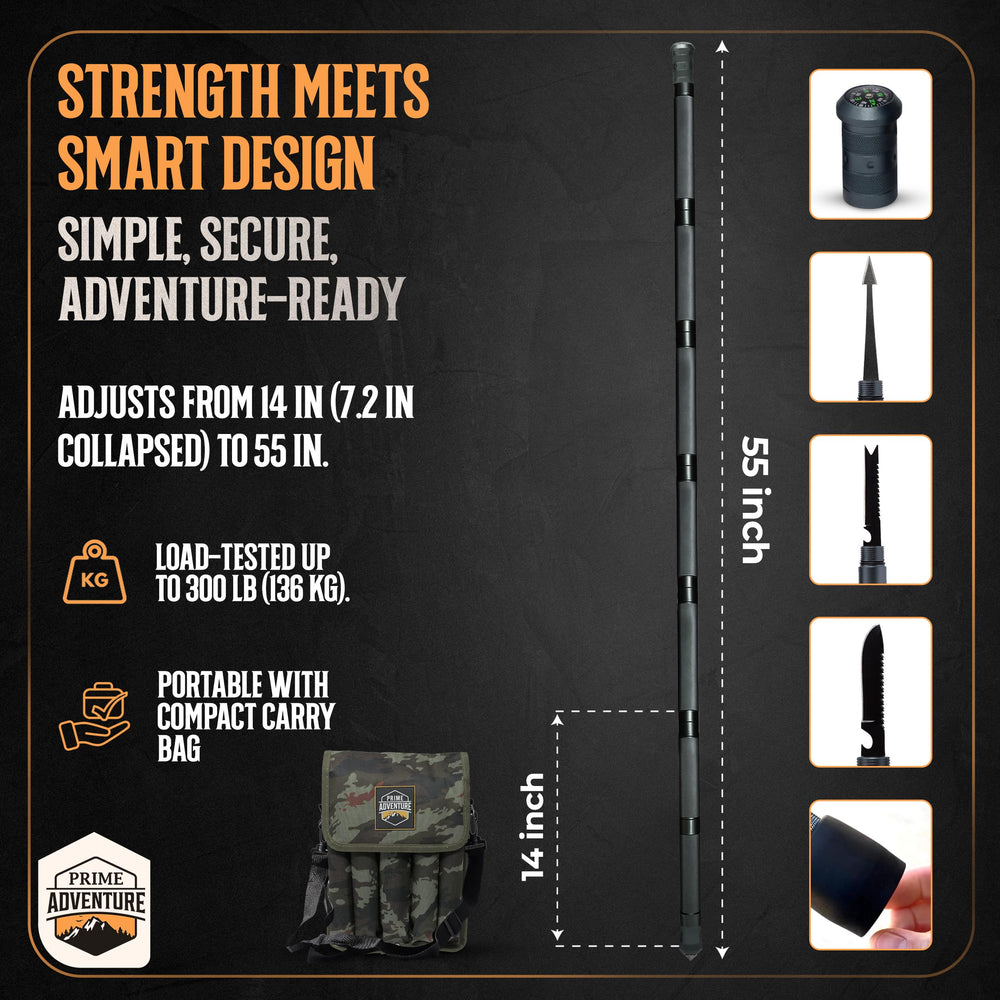 Prime Adventure 15-plus tool staff highlighting its versatility for outdoor tasks.