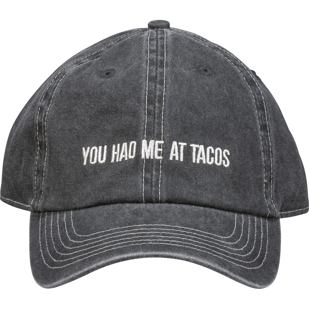Primitives by Kathy taco cap front view with embroidered slogan for casual wear.