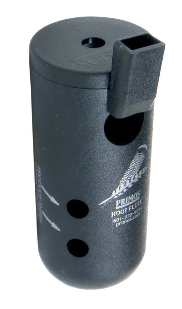 PRIMOS Hoot Flute Owl Call in black, front view, compact and durable turkey hunting tool.