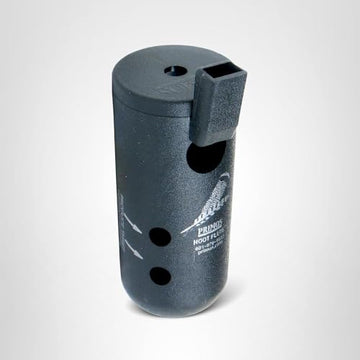 PRIMOS Hoot Flute Owl Call in black, in use, projects loud tones for gobbler cues.