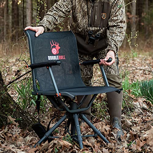 Swivel chair folded for carry with shoulder strap in field setup