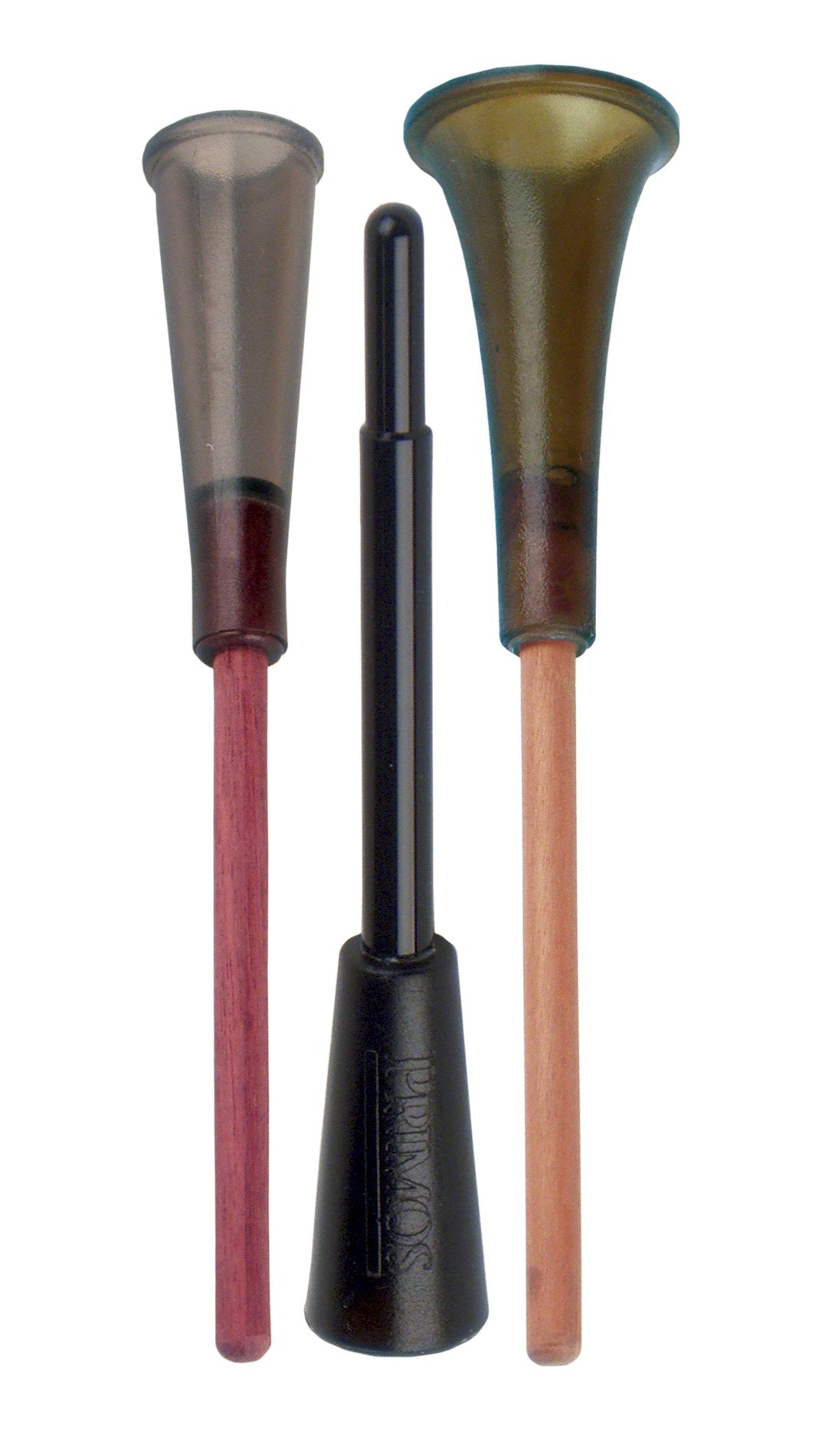 PRIMOS three-pack turkey call strikers with Purple Heart, GraveDigger, and Wet Weather Acrylic for versatile field calling.