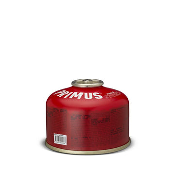 PRIMOS Power Gas canister 100 g label highlights compact size for backpacking.