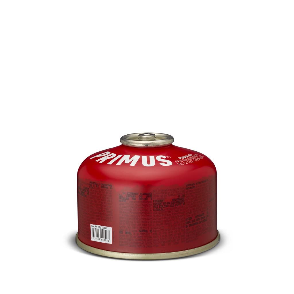 PRIMOS Power Gas canister 100 g label highlights compact size for backpacking.