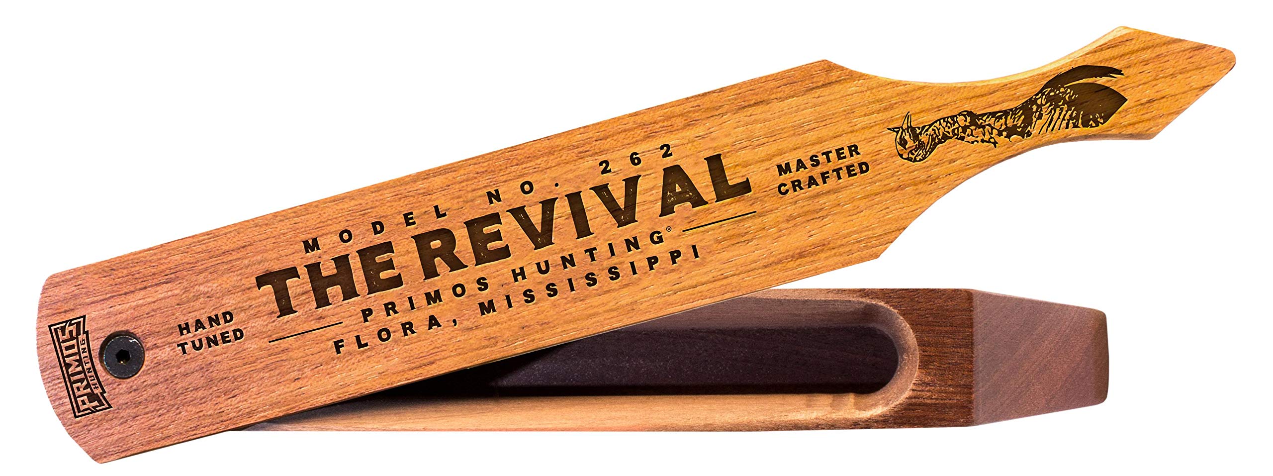 Primos Revival wood grain box call with paddle and trough for loud locating yelps