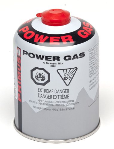 Primus 450 g power gas canister for camping stoves - reliable heat for outdoor cooking.