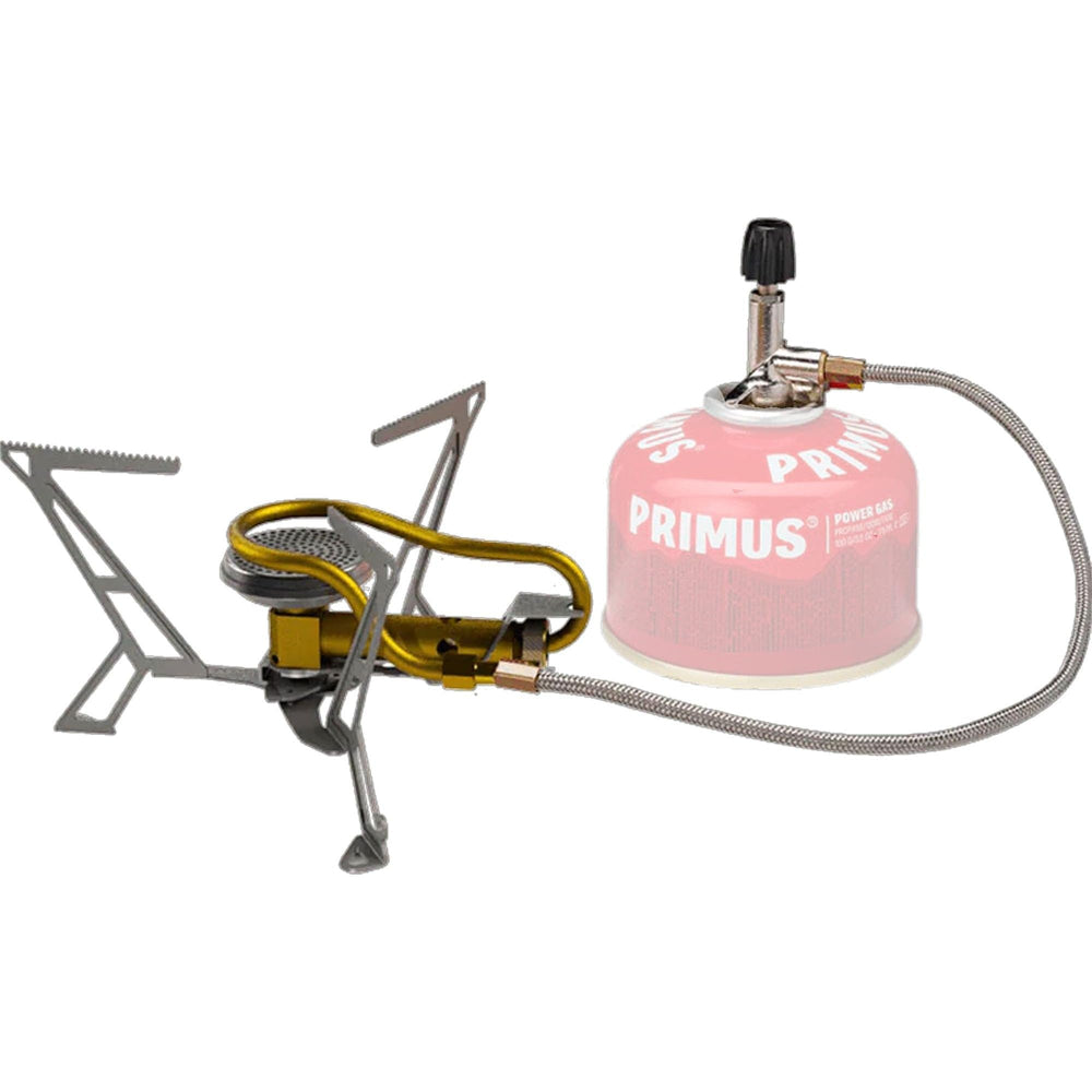 Primus Express Spider II stove on campsite, offering portable, efficient outdoor cooking.