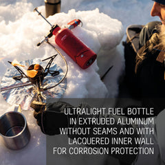 Primus fuel bottle 600ml green, angled shot, seamless aluminium ideal for rugged outdoor use