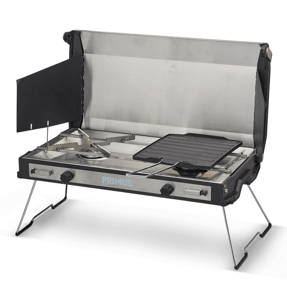 Primus Tupike two-burner stove for versatile outdoor family meals.