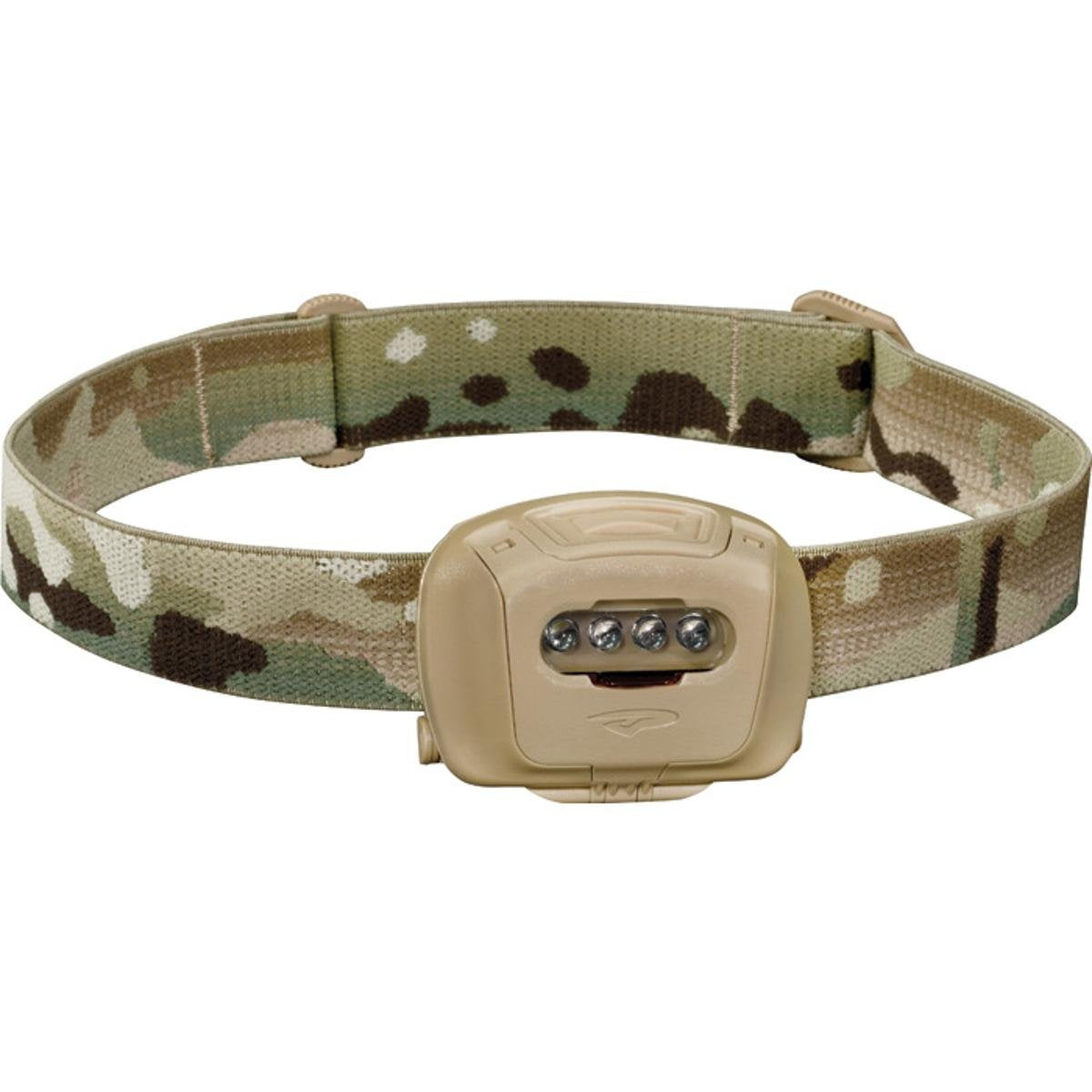Princeton Tec Quad Tactical headlamp Multicam with RGB LEDs for camping visibility.