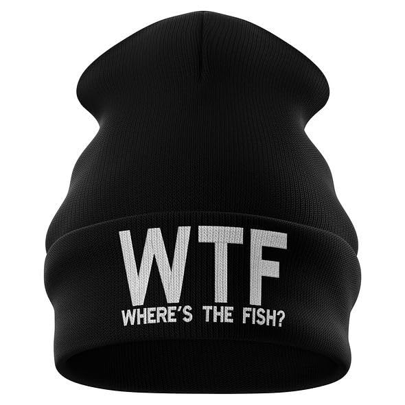 Printbox Originals WTF Wheres The Fish beanie embroidery detail highlights the slogan and durability.