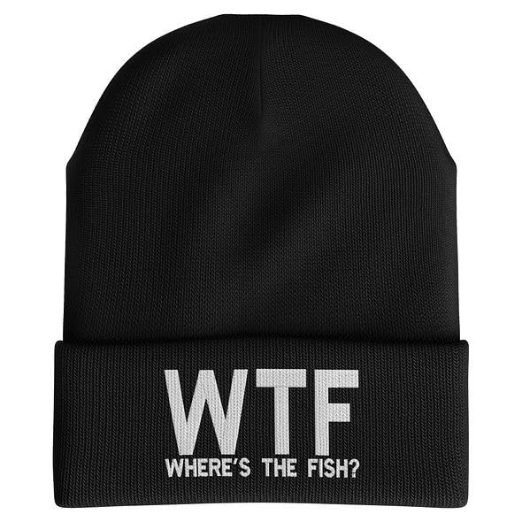 Printbox Originals WTF Wheres The Fish beanie front view offers warm, casual fishing style.